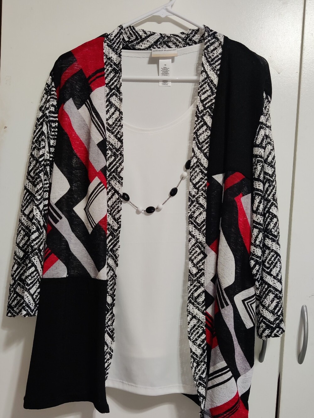 Alfred Dunner Layered Geometric Print Top with Attached Necklace